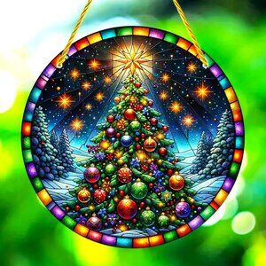 Christmas Tree Suncatcher Holiday Lights Star Window Colorful In/Outdoor Decor